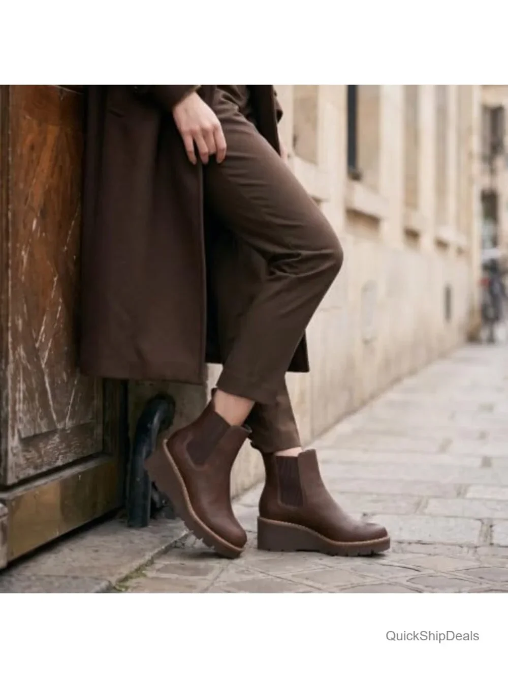 Women's Platform Wedge Chelsea Ankle Boots - Nubuck Leather & Suede, Slip-On,